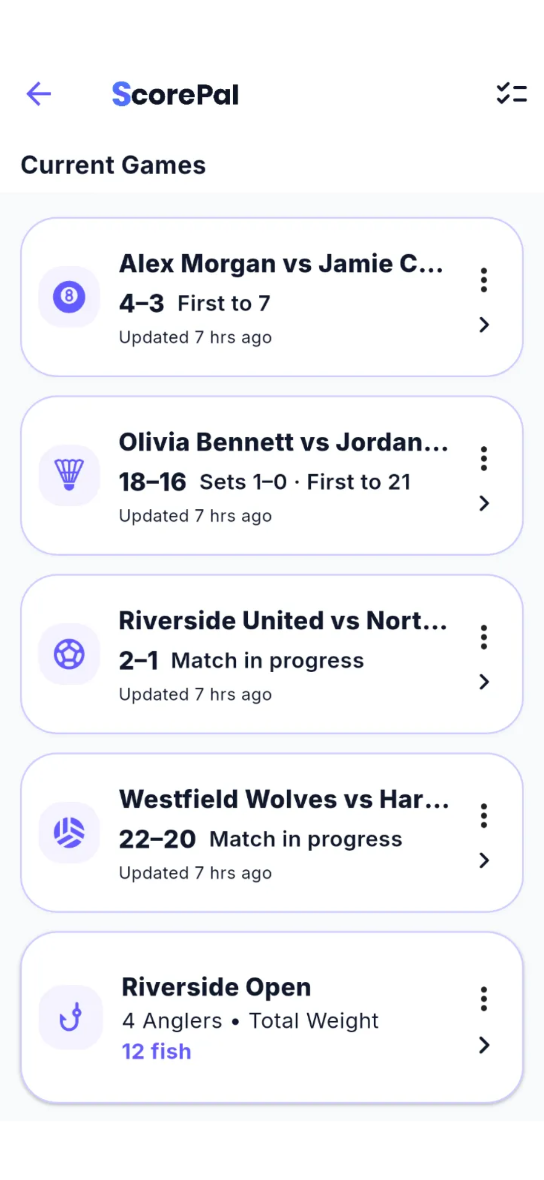 ScorePal Current Games screen showing saved games for Pool, Badminton, Football and Volleyball, plus a fishing competition, ready to resume.