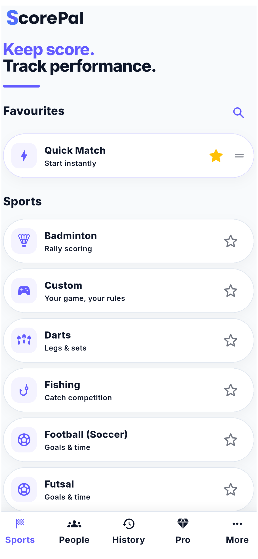 ScorePal sports screen with Quick Match favourited, a reorder handle, and a list of sports with favourite stars.