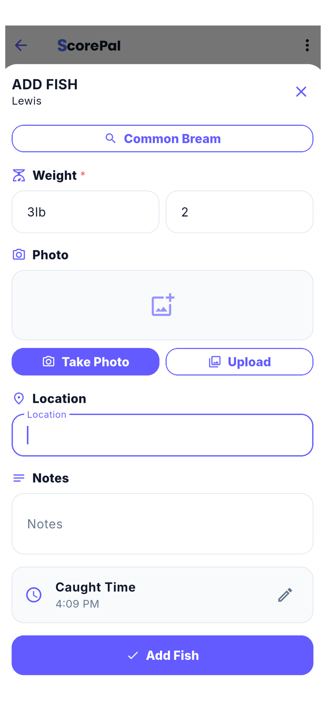 ScorePal Add Fish screen with species, weight, photo, location, notes and caught time fields.
