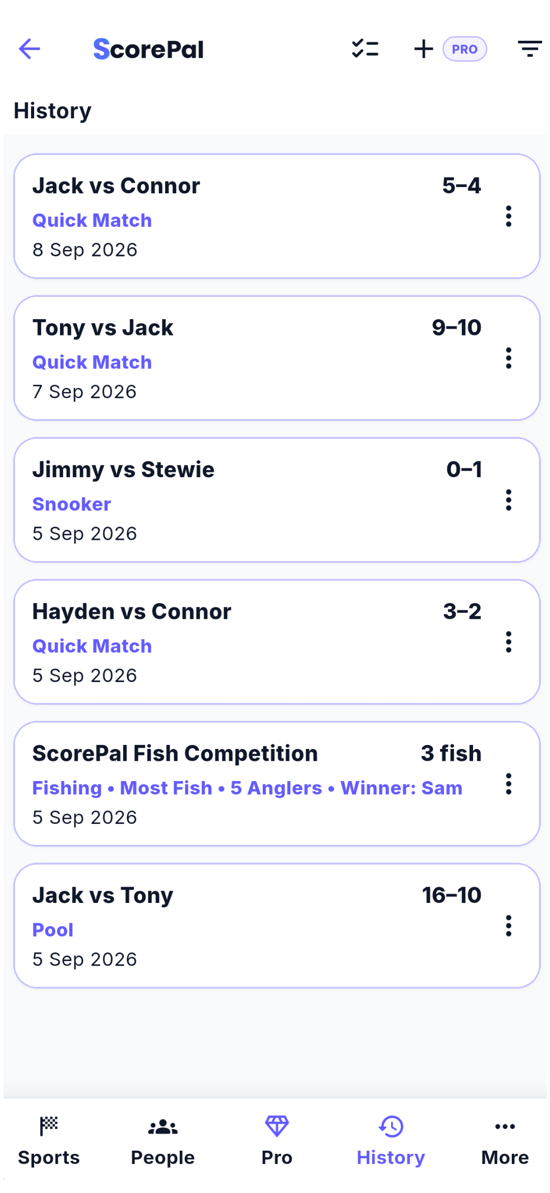 ScorePal match history showing saved results for quick matches, snooker, fishing and pool.