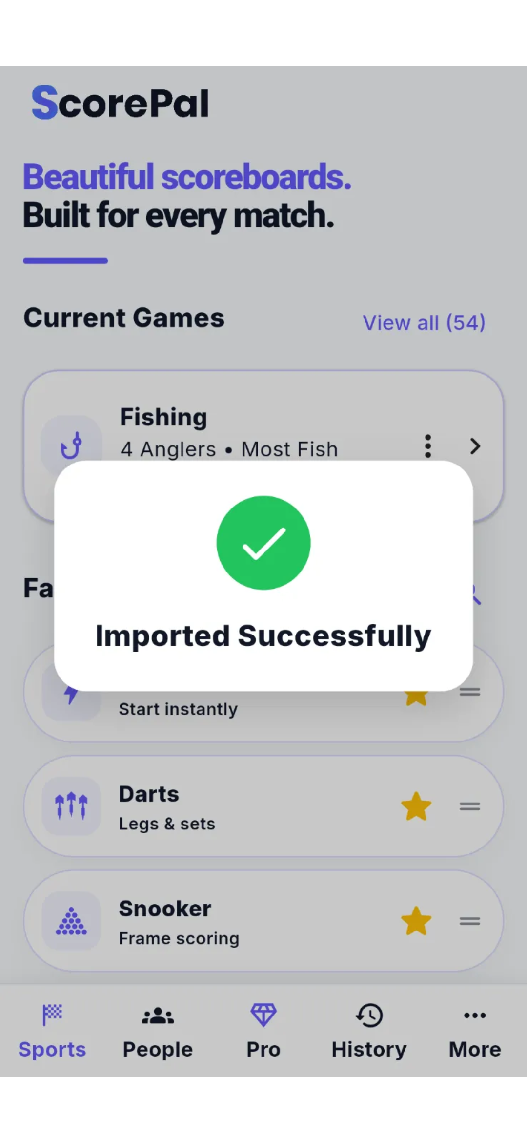 ScorePal showing a green tick and Imported Successfully confirmation.