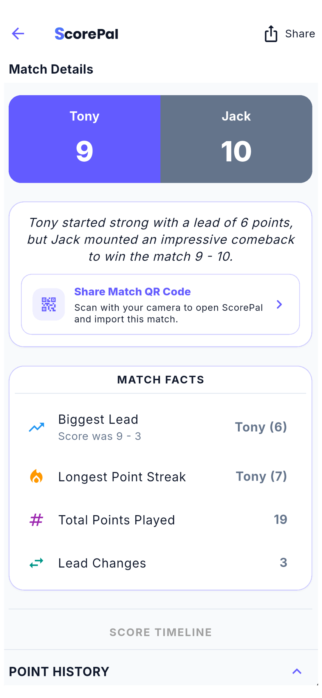 ScorePal Match Details screen with the Share Match QR Code option below the result.