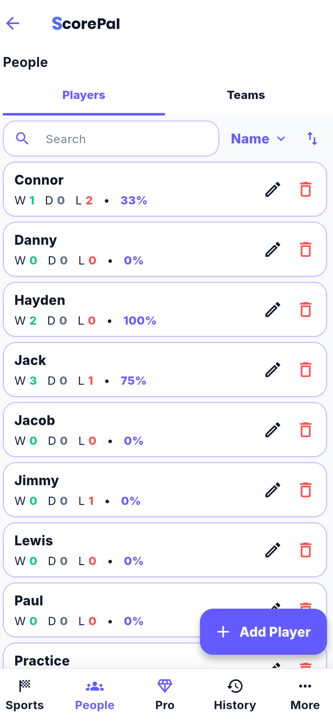 ScorePal People screen with Players and Teams tabs, saved players and their win, draw and loss records.