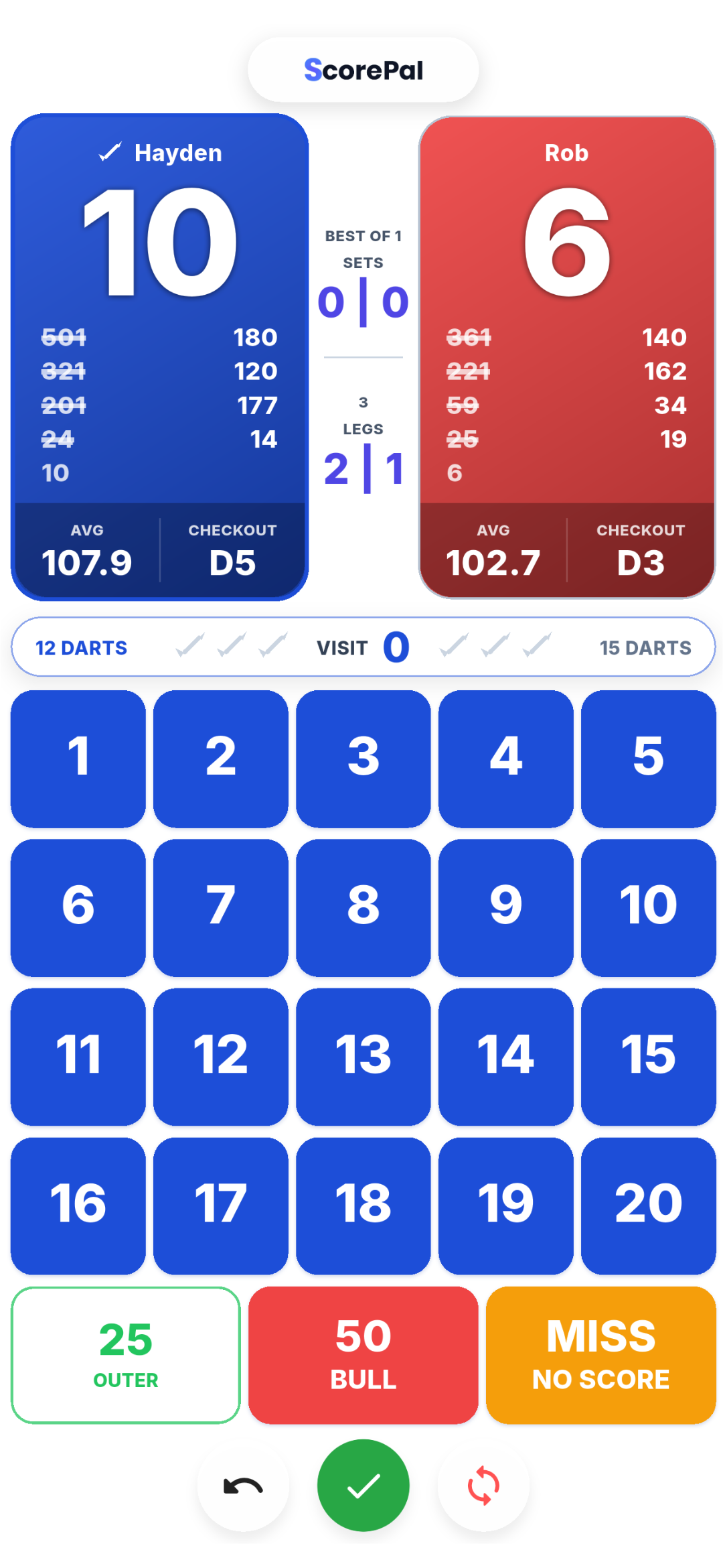 ScorePal darts scoring in phone portrait, with player scores above the scoring keypad.