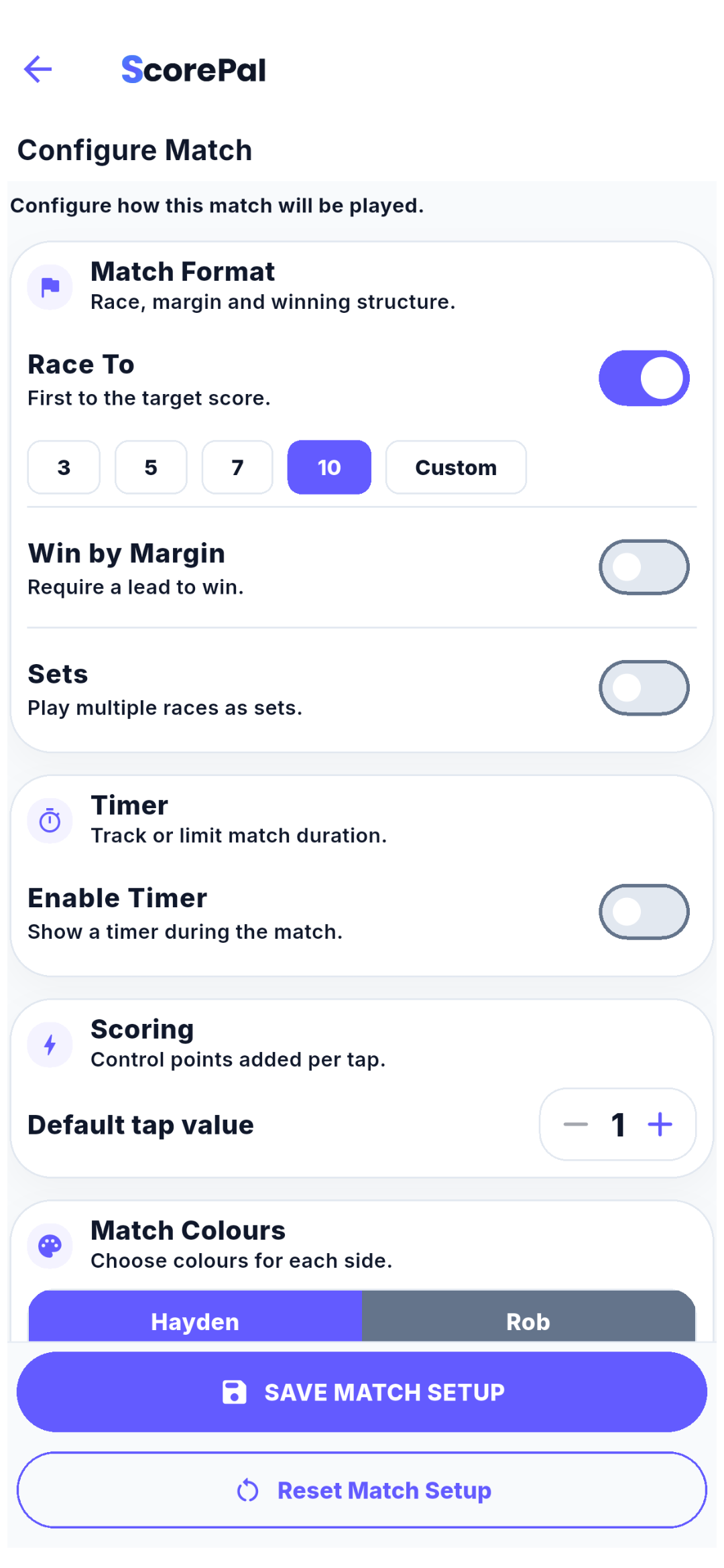 ScorePal match setup with Race To targets, winning margin, sets, timer, scoring and match colours.
