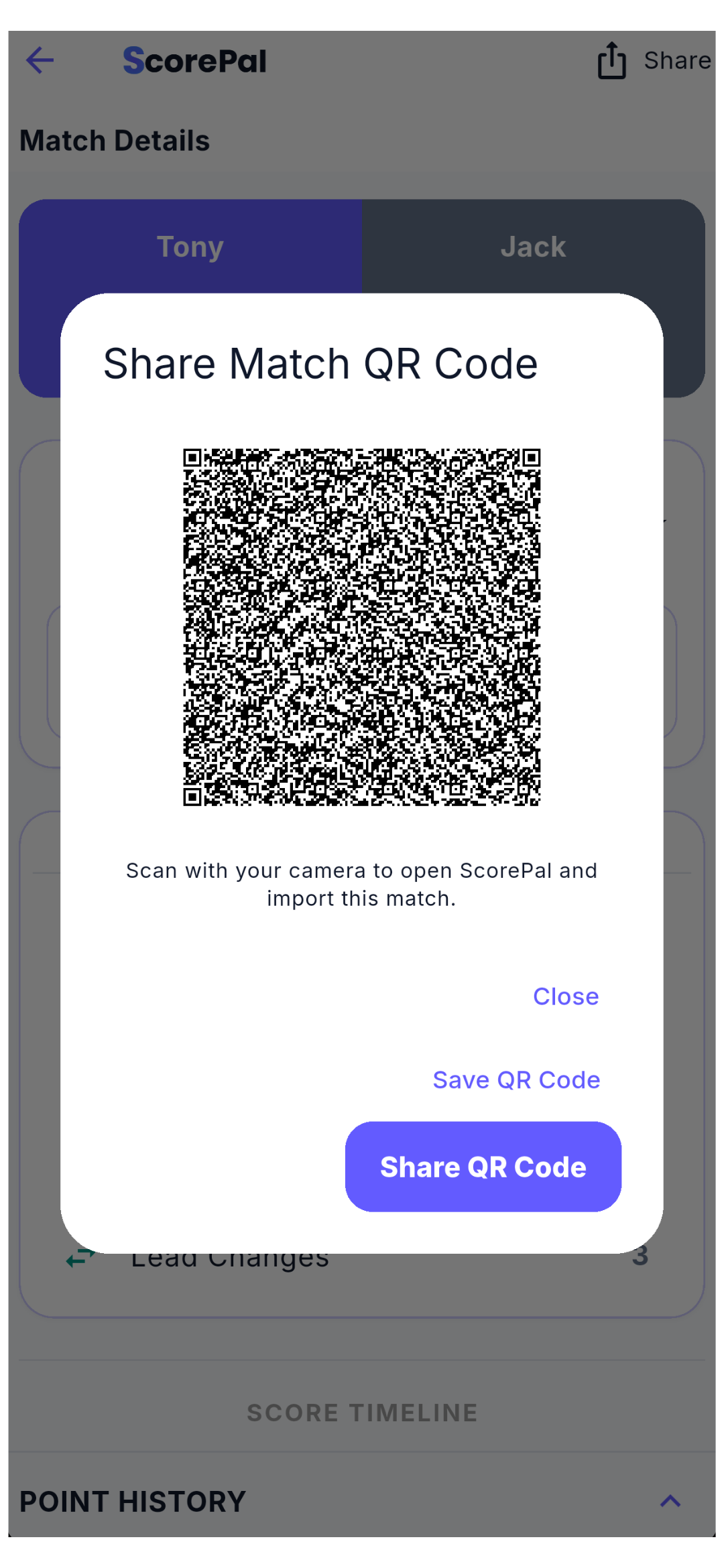 ScorePal Share Match QR Code dialog with a QR code and options to save or share it.